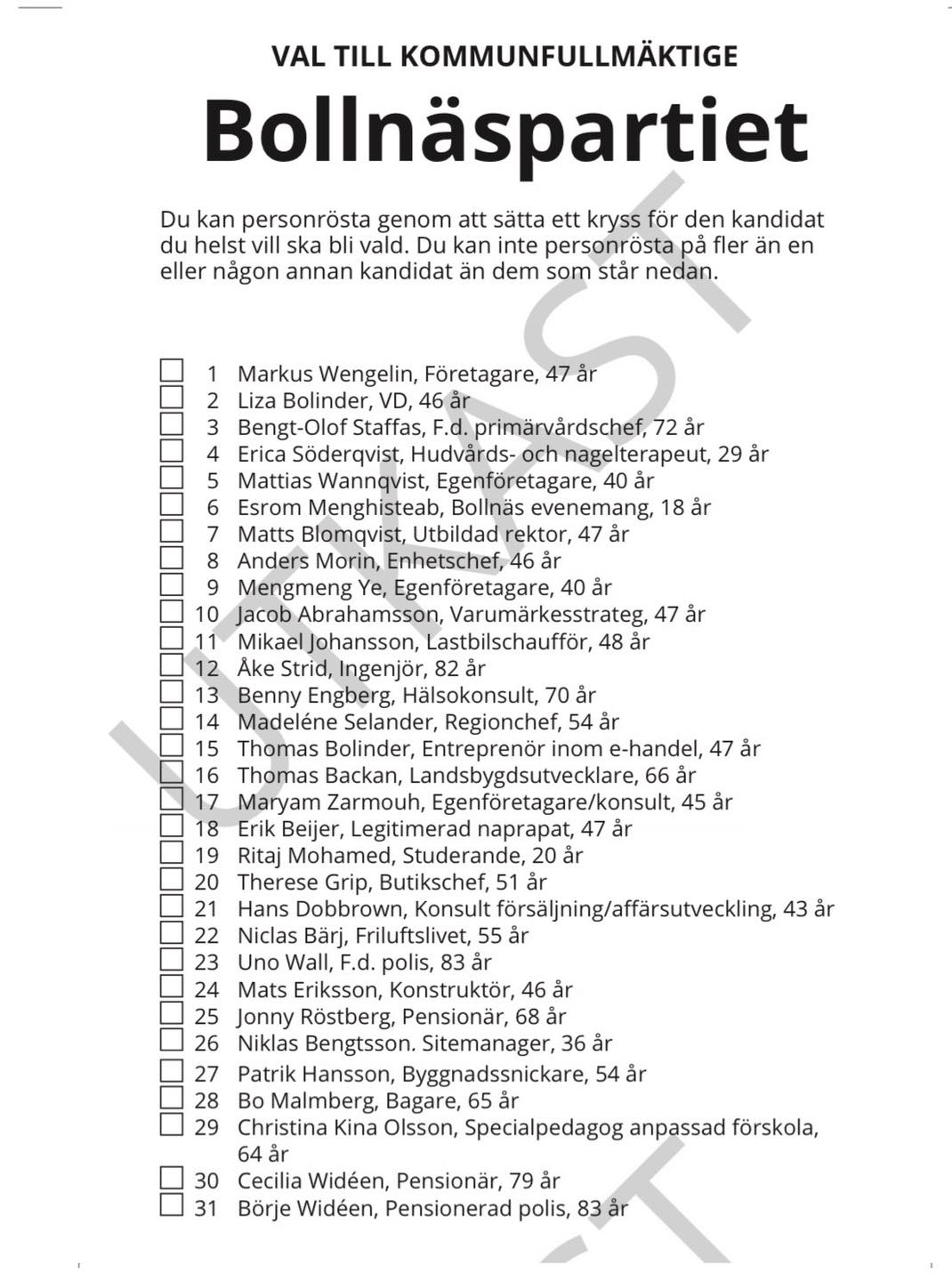 Bollnäspartiets valsedel 2026